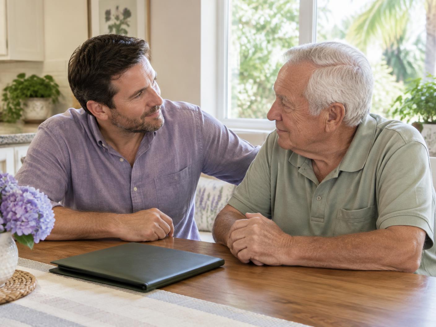 A son sitting beside his elderly father at a sunlit kitchen table
