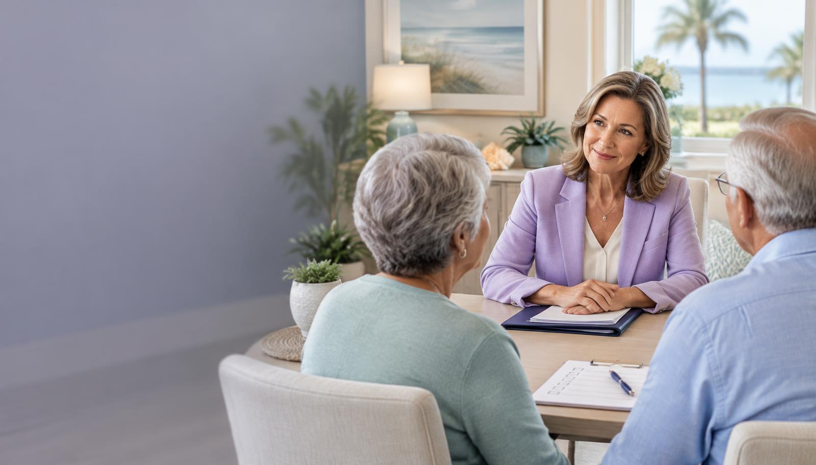 A benefits specialist listening to an older couple